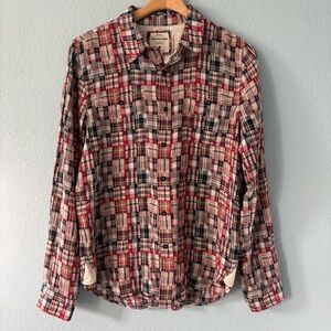 Splendid Mills Button Down Shirt Madras Plaid Knit Cotton Relaxed